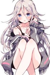 Rule 34 | 1girl, blue eyes, braid, commentary, feet out of frame, grey jacket, hand in own hair, ia (vocaloid), jacket, jewelry, knees up, crossed legs, long hair, looking at viewer, necklace, off-shoulder jacket, off shoulder, parted lips, platinum blonde hair, sitting, solo, sotsunaku, symbol-only commentary, very long hair, vocaloid