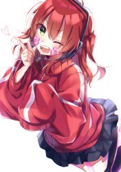 Rule 34 | 1girl, black skirt, blush, bocchi the rock!, green eyes, hair between eyes, headphones, heart, highres, jacket, kita ikuyo, long hair, long sleeves, looking at viewer, one eye closed, one side up, open mouth, pleated skirt, red hair, red jacket, red track suit, ri 5819, skirt, sleeves past wrists, smile, solo, sticker on face, track jacket