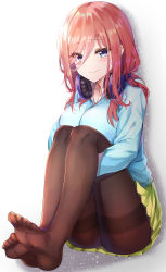 Rule 34 | 1girl, absurdres, ass, blue cardigan, blue eyes, blush, breasts, brown pantyhose, cardigan, closed mouth, commentary, feet, full body, go-toubun no hanayome, green skirt, hair between eyes, headphones, headphones around neck, highres, hugging own legs, knees up, large breasts, long hair, looking at viewer, miniskirt, nakano miku, no shoes, pantyhose, red hair, shadow, shirt, sidelocks, sitting, skirt, smile, solo, sunhyun, thighband pantyhose, undershirt, white background, white shirt