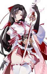 Rule 34 | 1girl, black gloves, black hair, bow, breasts, closed mouth, elbow gloves, facial mark, forehead mark, gloves, hair bow, highres, hikimayu, holding, holding sword, holding weapon, japanese clothes, jiu ye sang, kimono, long hair, nontraditional miko, original, parted bangs, red bow, red eyes, ribbon-trimmed sleeves, ribbon-trimmed thighhighs, ribbon trim, simple background, solo, sword, tassel, thighhighs, very long hair, weapon, white background, white thighhighs, wide sleeves