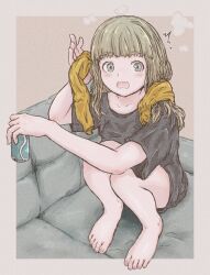 Rule 34 | 1girl, :o, after bathing, barefoot, black shirt, blue eyes, blush, brown hair, can, couch, greek toe, holding, holding can, knees up, long hair, looking at viewer, on couch, sarmar, shirt, sitting, solo, toes, yellow towel
