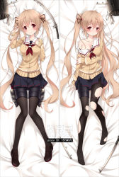 Rule 34 | 10s, 1girl, arm up, artist name, bakugadou, bare shoulders, bed sheet, black footwear, black pantyhose, black ribbon, black skirt, blonde hair, blush, breasts, brown eyes, cleavage, closed mouth, collarbone, commentary, dakimakura (medium), full body, hair between eyes, hair ribbon, hand on own arm, hand on own chest, holding, holding hair, kantai collection, long hair, long sleeves, looking at viewer, lying, medium breasts, multiple views, murasame (kancolle), neckerchief, no shoes, off shoulder, on back, pantyhose, pleated skirt, red neckerchief, ribbon, school uniform, serafuku, shoes, skirt, smile, thigh strap, torn clothes, torn legwear, twintails, very long hair, watermark