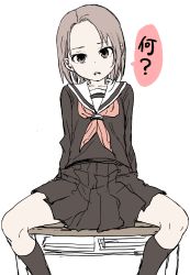 Rule 34 | 1girl, absurdres, arm support, black serafuku, black shirt, black skirt, black socks, brown eyes, brown hair, calf socks, collarbone, commentary request, copyright request, desk, dot nose, feet out of frame, forehead, head tilt, highres, kneehighs, leaning back, long sleeves, looking at viewer, neckerchief, on desk, open mouth, parted bangs, parted lips, pleated skirt, presenting, red neckerchief, sailor collar, school desk, school uniform, serafuku, shirt, short hair, simple background, sitting, on desk, skirt, skirt drape, socks, solo, spread legs, tareme, teeth, translation request, upper teeth only, white background, white sailor collar, yamamoto souichirou