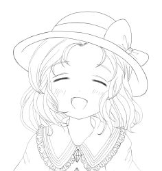 Rule 34 | 1girl, :d, blush, daiso, closed eyes, facing viewer, forehead, greyscale, hat, highres, komeiji koishi, lineart, monochrome, open mouth, smile, solo, touhou, upper body