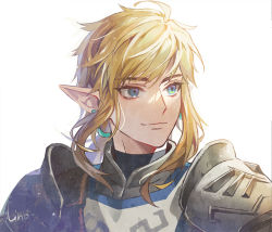 Rule 34 | 1boy, ahoge, armor, blonde hair, closed mouth, earrings, jewelry, link, lino chang, long hair, looking away, looking to the side, low ponytail, male focus, nintendo, pauldrons, pointy ears, portrait, shoulder armor, sidelocks, signature, simple background, smile, solo, the legend of zelda, the legend of zelda: breath of the wild, thick eyebrows, white background