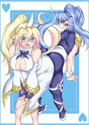 Rule 34 | 2girls, ass, ass-to-ass, ass press, blonde hair, blue hair, blue ribbon, blush, bodysuit, breasts, center opening, cleavage, duel monster, epaulettes, eyebrows, fang, fingernails, geng, green eyes, grin, hair ornament, high ponytail, highres, horns, large breasts, leaning, leaning forward, long fingernails, long hair, long sleeves, looking at viewer, midriff, multicolored hair, multiple girls, open mouth, performapal corn, performapal uni, pink hair, ponytail, red eyes, ribbon, sharp fingernails, shiny clothes, shiny skin, single horn, sleeveless, smile, tail, twintails, two-tone hair, wrist cuffs, yu-gi-oh!