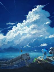 Rule 34 | 1girl, barefoot, blue dress, blue hat, blue sky, cloud, commentary request, contrail, dress, grass, guard rail, hat, highres, original, outdoors, ruins, scenery, short sleeves, sitting, sky, solo, sorakuma (oycue41), summer