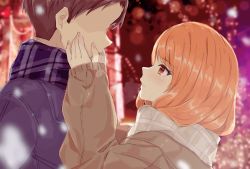 Rule 34 | 1boy, 1girl, blue scarf, blurry, blurry background, blush, brown eyes, brown hair, brown jacket, commentary request, duffy, highres, hojo karen, idolmaster, idolmaster cinderella girls, jacket, long hair, looking at another, outdoors, scarf, short hair, white scarf