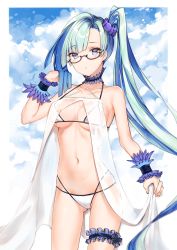 Rule 34 | 1girl, absurdres, adjusting hair, ass, bare shoulders, bikini, black-framed eyewear, blue flower, blue hair, blue scrunchie, blush, breasts, bridal garter, brynhildr (fate), brynhildr (swimsuit berserker) (fate), brynhildr (swimsuit berserker) (first ascension) (fate), cleavage, clothing request, cloud, cloudy sky, collarbone, commentary request, cowboy shot, criss-cross halter, day, fate/grand order, fate (series), flower, glasses, gluteal fold, hair ornament, hair scrunchie, halterneck, hand in own hair, highleg, highres, long hair, looking at viewer, multicolored hair, navel, panties, purple eyes, purple scrunchie, scrunchie, see-through, side ponytail, sky, solo, standing, stomach, string bikini, swimsuit, thigh strap, underwear, very long hair, white bikini, white panties, wrist cuffs, wrist scrunchie, yukineko1018