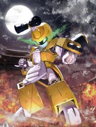 Rule 34 | cloud, cloudy sky, electricity, fence, fire, glowing, glowing eyes, green eyes, highres, humanoid robot, itaco, medarot, metabee, moon, night, night sky, no humans, non-humanoid robot, outdoors, petals, robot, scratches, shrine, sky, solo, standing, tree