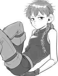 Rule 34 | 1girl, braid, chilchuck tims, closed mouth, dungeon meshi, freckles, genderswap, genderswap (mtf), gloves, greyscale, hand on own stomach, highres, long hair, looking at viewer, monochrome, nemnem 11199, pants, shirt, simple background, sleeveless, sleeveless shirt, solo, twin braids, white background