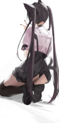 Rule 34 | 1girl, absurdres, animal ears, black choker, black footwear, black nails, brown hair, cat ears, choker, clothes lift, from behind, highres, kneehighs, lifted by tail, long hair, original, panties, shirt, simple background, skirt, skirt lift, socks, solo, suspender skirt, suspenders, tail, tail wagging, twintails, underwear, v, watarumi, white background, white shirt