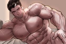 Rule 34 | 1boy, abs, bara, beard, beard stubble, bed, biceps, black hair, darius (league of legends), facial hair, highres, huge pectorals, league of legends, looking at viewer, lying, male focus, manly, mature male, multicolored hair, muscular, muscular male, nipples, nude, on bed, on side, pectorals, red eyes, scar, scar on face, short hair, silver (ordinary 1), smirk, solo, spiked hair, stubble, thick arms, thick eyebrows, white hair