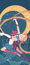 Rule 34 | 1girl, bishoujo senshi sailor moon, blonde hair, blue background, blue sailor collar, blue skirt, boots, bow, brooch, choker, crescent moon, double bun, elbow gloves, closed eyes, full body, gloves, hair ornament, hairpin, jewelry, knee boots, long hair, magical girl, moon, outstretched arms, pleated skirt, purimari, red bow, ribbon, sailor collar, sailor moon, skirt, solo, spread arms, tiara, tsukino usagi, twintails, white gloves