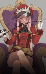 Rule 34 | 1girl, bad id, bad pixiv id, blunt bangs, breasts, crossed legs, fate/grand order, fate (series), gloves, grey background, hat, highres, holding, holding riding crop, long hair, looking at viewer, medb (alluring chief warden look) (fate), medb (fate), medium breasts, peaked cap, pink hair, riding crop, simple background, sitting, smile, solo, throne, uzubilla, white gloves, yellow eyes