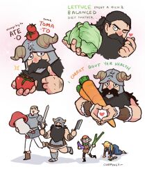 Rule 34 | 1girl, 3boys, beard, beard over mouth, brown hair, cabbage, carrot, cheppo, chilchuck tims, collage, cropped torso, dancing, deformed, dungeon meshi, dwarf, english text, facial hair, fake horns, finger heart, hand hair, heart, heart hands, helmet, highres, horned helmet, horns, laios touden, long beard, male focus, marcille donato, multiple boys, mushroom, mustache, official alternate hairstyle, senshi (dungeon meshi), sparkle, spring onion, thick mustache, thumbs up, very long beard