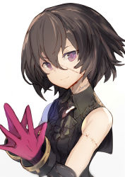 Rule 34 | 1girl, bare shoulders, black hair, black shirt, breasts, closed mouth, detached sleeves, gloves, hair between eyes, head tilt, long sleeves, looking at viewer, original, own hands together, purple eyes, purple gloves, scar, scar on face, shiromiso, shirt, simple background, sleeveless, sleeveless shirt, small breasts, smile, solo, stitches, white background