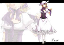 Rule 34 | 1girl, arm behind back, bad id, bad pixiv id, blonde hair, blue eyes, corset, demon, dress, embellished costume, female focus, frills, geike, hat, hat ribbon, letterboxed, lips, louise (touhou), mystic square, petticoat, purple eyes, ribbon, short hair, solo, touhou, touhou (pc-98), zoom layer