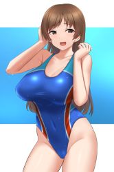 Rule 34 | 1girl, :d, blue one-piece swimsuit, blush, breasts, brown eyes, brown hair, cleavage, collarbone, competition swimsuit, highres, idolmaster, idolmaster cinderella girls, large breasts, long hair, looking at viewer, nitta minami, one-piece swimsuit, open mouth, smile, solo, standing, swimsuit, thighs, tomajiyama