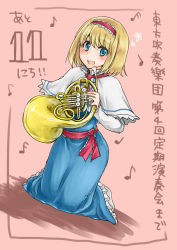 Rule 34 | 1girl, alice margatroid, blonde hair, blue eyes, capelet, hairband, horn (instrument), instrument, monrooru, musical note, open mouth, pink background, quaver, sash, simple background, solo, touhou