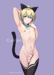Rule 34 | 1boy, animal ears, arm up, armpits, artist name, bangs, bar censor, blonde hair, blue eyes, blue neckwear, censored, commentary request, cowboy shot, detached collar, english text, erection, fake animal ears, fake tail, finger to mouth, hair ornament, hairclip, hand up, highres, legs crossed, looking at viewer, male focus, navel, original, purple background, saigadou, shiny, shiny hair, short hair, sidelocks, simple background, smile, solo, tail, thighhighs, thighs, trap