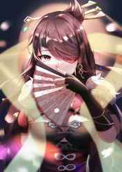 Rule 34 | 1girl, absurdres, bandages, beidou (genshin impact), black gloves, black hair, breasts, cleavage, earrings, eyepatch, fingerless gloves, folding fan, genshin impact, gloves, hair ornament, hair stick, hand fan, highres, holding, holding fan, jewelry, long hair, looking at viewer, medium breasts, nail polish, colored eyepatch, red eyes, sellf, solo, upper body