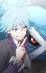 Rule 34 | 1boy, blue eyes, blue hair, blurry, commentary request, creatures (company), fingernails, game freak, gen 3 pokemon, hand up, jacket, jewelry, long sleeves, male focus, metagross, monaka (hc pkmn), necktie, nintendo, parted lips, pokemon, pokemon (creature), pokemon oras, red neckwear, ring, shirt, signature, smile, spiked hair, steven stone, upper body, white shirt