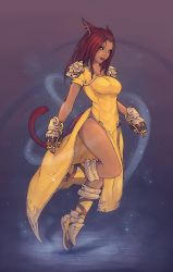 Rule 34 | 10s, 1girl, animal ears, boots, breasts, cat ears, cat tail, dark skin, dark-skinned female, dress, facial mark, female focus, final fantasy, final fantasy xiv, full body, gauntlets, knee up, looking at viewer, miqo&#039;te, parted lips, side slit, smile, solo, soranamae, tail, yellow dress