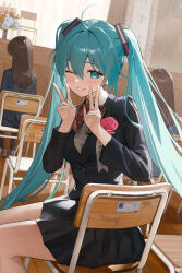 Rule 34 | 3girls, ahoge, aqua eyes, aqua hair, artist name, black jacket, black skirt, blazer, blush, bow, bowtie, brown hair, chair, character name, commentary, dress shirt, flower, grin, hair between eyes, hair ornament, hand up, hands up, hatsune miku, highres, indoors, jacket, long hair, long sleeves, looking at viewer, multiple girls, nose blush, on chair, one eye closed, ongdal2, pink flower, pink rose, plaid, plaid bow, plaid bowtie, pleated skirt, red bow, red bowtie, rose, school chair, school uniform, shirt, sitting, sitting sideways, skirt, smile, solo focus, tic-tac-toe, twintails, v, very long hair, vocaloid, w, white shirt, wooden floor