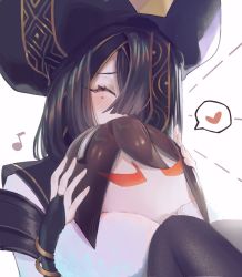 Rule 34 | 1girl, black hair, black hat, bracelet, breasts, bridal gauntlets, chinese clothes, closed eyes, doll, fate/grand order, fate (series), hair over one eye, hat, heart, holding, holding doll, jewelry, long sleeves, miuoo, mole, mole under eye, musical note, robe, short hair, small breasts, space xu fu (fate), spoken heart, white robe, xu fu (fate), yu mei-ren (fate)