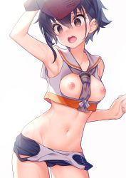 Rule 34 | 1girl, arm up, armpits, asymmetrical hair, black hair, blush, breasts, brown eyes, collarbone, commission, cowboy shot, crop top, framed breasts, gloves, gluteal fold, groin, hair between eyes, hat, highres, i-13 (kancolle), i-14 (kancolle), kantai collection, looking at viewer, medium breasts, navel, nipples, open mouth, pixiv commission, sailor collar, school swimsuit, shirt, short hair, sleeveless, sleeveless shirt, small breasts, solo, standing, sweat, swimsuit, tahya, wet