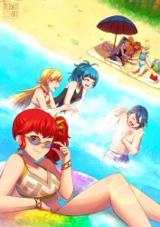 Rule 34 | 1boy, 6+girls, alfonse (fire emblem), anna (fire emblem), artist name, bikini, blonde hair, blue hair, breasts, cleavage, eir (fire emblem), fairy wings, feh (fire emblem heroes), fire emblem, fire emblem heroes, fjorm (fire emblem), highres, looking at viewer, matching hair/eyes, multiple girls, nintendo, one-piece swimsuit, one eye closed, peony (fire emblem), red eyes, red hair, reginn (fire emblem), smile, splashing, sunglasses, swimsuit, wings, wink