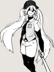 Rule 34 | 1girl, baseball bat, baseball cap, baseball uniform, black necktie, boots, closed mouth, collared shirt, expressionless, grey background, greyscale, hair over eyes, hat, hatsune miku, holding, holding baseball bat, le cherlok, long hair, monochrome, necktie, off (game), pants, serious, shaded face, shirt, solo, sportswear, striped clothes, striped shirt, the batter (off), thigh boots, tie clip, twintails, very long hair, vocaloid, white pants