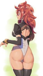 Rule 34 | 1girl, absurdres, android 21, ass, back cutout, big hair, blue eyes, bracelet, brown hair, clothing cutout, commentary, cosplay, curly hair, curvy, detached sleeves, dragon ball, dragon ball fighterz, earrings, english commentary, from behind, highres, hip focus, hoop earrings, jewelry, leotard, long hair, looking back, nier (series), nier:automata, no pants, puffy sleeves, solo, suwaiya, tan, thick thighs, thigh gap, thighhighs, thighs, wide hips, 2b (nier:automata), 2b (nier:automata) (cosplay)