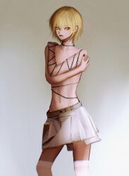 Rule 34 | 1other, androgynous, bare shoulders, blonde hair, chain, cowboy shot, gradient background, highres, hunter x hunter, kurapika, looking at viewer, nail polish, navel, regene ta, short hair, skirt, solo, thighhighs, topless, white skirt, white thighhighs, yellow eyes, yellow nails