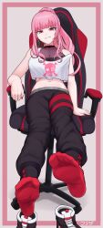 Rule 34 | 1girl, absurdres, breasts, chair, cleavage, efreezerarts, feet, highres, hololive, hololive english, large breasts, long hair, looking at viewer, mori calliope, mori calliope (streetwear), parted lips, pink eyes, pink hair, ponytail, red socks, shoes, sitting, smile, socks, soles, solo, unworn shoes, virtual youtuber