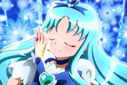 Rule 34 | 10s, 1girl, absurdres, blue background, blue hair, blue theme, brooch, choker, closed eyes, cure marine, floral background, flower, heart, heart brooch, heartcatch precure!, highres, jewelry, kiyu (doremi&#039;s party), kurumi erika, precure, ring, smile, smile precure!, solo