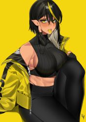 Rule 34 | 1girl, abs, absurdres, black gloves, black hair, black panties, black pants, blonde hair, blush, breasts, colored tongue, crop top, dark-skinned female, dark elf, dark skin, elf, full body, gloves, highleg, highleg panties, highres, j.moon, jacket, large breasts, lilith (lilycious), looking at viewer, mask, unworn mask, mole, mole under mouth, mouth mask, multicolored hair, original, panties, pants, pointy ears, sharp teeth, sitting, solo, streaked hair, teeth, tight clothes, tight pants, toned, tongue, tongue out, underwear, yellow background, yellow eyes, yellow jacket, yellow tongue