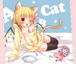 Rule 34 | 1girl, ;p, animal ears, bad id, bad pixiv id, black thighhighs, blonde hair, blush, bow, bowl, breasts, cat ears, cat girl, cat tail, character doll, female focus, flandre scarlet, hair bow, hood, hoodie, irori, kemonomimi mode, looking at viewer, naked hoodie, one eye closed, open mouth, pet bowl, red eyes, remilia scarlet, sexually suggestive, side ponytail, small breasts, solo, tail, thighhighs, tongue, tongue out, touhou, wings, wink