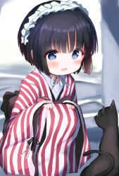 Rule 34 | 1girl, animal, bad id, bad pixiv id, black cat, black hair, blue eyes, blush, cat, commentary request, fang, hands on own knees, highres, ikoku meiro no croisee, japanese clothes, kimono, long sleeves, neck ribbon, open mouth, partial commentary, ribbon, short hair, sleeves past wrists, solo, squatting, striped clothes, striped kimono, vertical-striped clothes, vertical-striped kimono, white ribbon, wide sleeves, yinpa (wanone500511), yune (ikoku meiro no croisee)