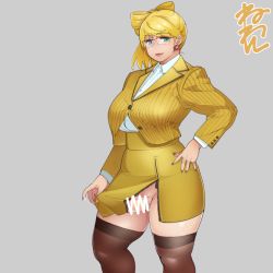 Rule 34 | 1girl, ass, blonde hair, blue eyes, breasts, bulge, censored, clothes lift, coat, earrings, eva (neone), futanari, glasses, jewelry, large breasts, large penis, nail polish, neone, original, penis, penis peek, pink nails, ponytail, precum, shirt, skirt, skirt lift, solo, standing, thick thighs, thighhighs, thighs