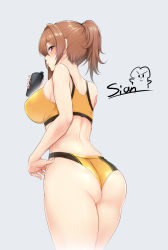 Rule 34 | 1girl, artist logo, artist name, ass, back, bare shoulders, blush, bottle, breasts, brown hair, buruma, cowboy shot, earrings, from side, grey background, hair between eyes, hair intakes, hand on own hip, hand up, high ponytail, highleg, highleg buruma, highres, holding, holding bottle, jewelry, large breasts, legs together, long hair, looking at viewer, looking back, nail polish, original, parted bangs, parted lips, ponytail, profile, purple eyes, purple nails, shiny clothes, shiny skin, short ponytail, sian, sideboob, sidelocks, sideways glance, signature, simple background, skindentation, solo, sports bra, standing, stud earrings, thighs, track uniform, water bottle, yellow buruma, yellow sports bra