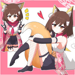 Rule 34 | 1girl, animal ear fluff, animal ears, asymmetrical legwear, black gloves, black legwear, black skirt, blue archive, breasts, brown eyes, brown hair, closed mouth, detached sleeves, fang, fishnet legwear, fishnets, floral print, fox ears, fox girl, fox hair ornament, fox shadow puppet, fox tail, from side, gloves, hair ornament, halo, heart, highres, holster, izuna (blue archive), japanese clothes, kimono, kunai, light blush, long sleeves, looking at viewer, mismatched legwear, multiple views, neckerchief, notice lines, obi, partially fingerless gloves, pink kimono, pink neckerchief, pink scarf, pleated skirt, pom pom (clothes), pom pom hair ornament, sailor collar, sash, scarf, short hair, sitting, skin fang, skirt, sleeveless, small breasts, sweatdrop, tail, thigh holster, two-tone background, user wvdn2827, weapon