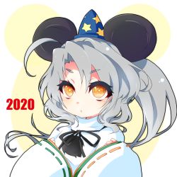 Rule 34 | 1girl, 2020, animal ears, grey hair, hat, japanese clothes, kamome, kariginu, mononobe no futo, mouse ears, orange eyes, party hat, pom pom (clothes), ponytail, simple background, star (symbol), touhou, wide sleeves
