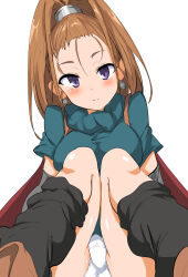 Rule 34 | 1girl, absurdres, barbara (dq6), black socks, blue dress, blush, boots, brown footwear, brown hair, closed mouth, commentary request, dragon quest, dragon quest vi, dress, earrings, feet out of frame, forehead, head tilt, high ponytail, highres, jewelry, knees together feet apart, knees up, long hair, loose socks, momio, panties, ponytail, purple eyes, simple background, smile, socks, solo, underwear, white background, white panties