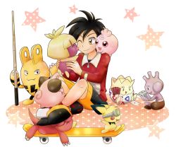 Rule 34 | 1boy, black hair, blonde hair, card, chikorita85, collared shirt, colored skin, creature, creatures (company), crossed legs, cue stick, elekid, ethan (pokemon), fangs, full body, game freak, gen 2 pokemon, goggles, happy, holding, holding card, igglybuff, kiss, long sleeves, magby, messy hair, nintendo, no headwear, on shoulder, one eye closed, pichu, pink eyes, pink skin, playing card, pokemon, pokemon (creature), pokemon adventures, purple skin, shirt, shoes, sitting, skateboard, skateboarding, smile, smoochum, sneakers, star (symbol), starry background, togepi, transparent background, tyrogue, v-shaped eyebrows, yellow eyes, yellow skin