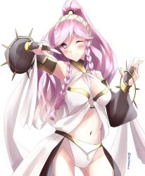 Rule 34 | 1girl, absurdres, armlet, braid, bridal gauntlets, closed mouth, fire emblem, fire emblem awakening, hairband, high ponytail, highres, long hair, midriff, navel, nintendo, olivia (fire emblem), one eye closed, pink eyes, pink hair, simple background, skeptycally, smile, solo, twin braids, twitter username, v, white background