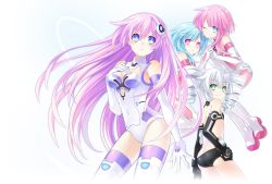 Rule 34 | 10s, 4girls, back, bare shoulders, black gloves, black sister, blue eyes, blue hair, blunt bangs, blush, bodysuit, breasts, breasts apart, bright pupils, butt crack, choujijigen game neptune re;birth 2, cleavage, cleavage cutout, clothing cutout, cowboy shot, detached collar, drill hair, elbow gloves, emblem, from side, gloves, glowing, green eyes, hair between eyes, hair ornament, halterneck, hand on own chest, hand on own hip, holding hands, interlocked fingers, legs apart, leotard, long hair, looking at viewer, looking back, multiple girls, nepgear, neptune (series), official art, one eye closed, open mouth, parted bangs, pink eyes, pink hair, power symbol, power symbol-shaped pupils, purple hair, purple sister, ram (neptunia), revealing clothes, rom (neptunia), siblings, sisters, smile, standing, symbol-shaped pupils, thighhighs, transparent, transparent background, tsunako, twins, uni (neptunia), very long hair, white background, white gloves, white hair, white legwear, white sister ram, white sister rom, wink