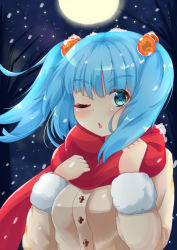 Rule 34 | 1girl, :o, arms up, bare tree, blue eyes, blue hair, blush, coat, commentary request, full moon, fur-trimmed sleeves, fur trim, hair blowing, hair bobbles, hair ornament, kawashiro nitori, looking at viewer, moon, night, one eye closed, outdoors, red scarf, rururiaru, scarf, snow on head, snowing, solo, standing, touhou, tree, two side up, upper body, wind, winter, winter clothes, winter coat