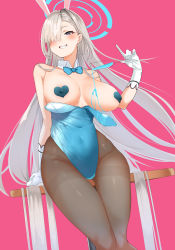 Rule 34 | 1girl, absurdres, animal ears, aqua bow, aqua bowtie, aqua leotard, areola slip, asuna (blue archive), asuna (bunny) (blue archive), black pantyhose, blue archive, blue eyes, blush, bow, bowtie, breasts, commentary, covered erect nipples, cup, detached collar, gloves, gradient hair, grey hair, grin, hair over one eye, halo, heart pasties, highres, holding, holding cup, large breasts, leotard, leotard pull, long hair, mole, mole on breast, multicolored hair, pantyhose, pasties, playboy bunny, pouring, pouring onto self, rabbit ears, smile, solo, table, thighband pantyhose, umashio, very long hair, white gloves